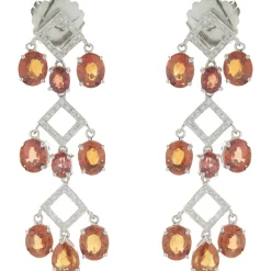 14 Karat White Gold Orange Sapphire and Diamond Three Tier Drop Earrings