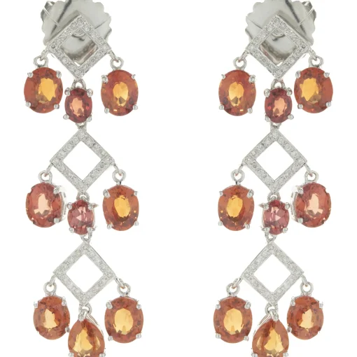 14 Karat White Gold Orange Sapphire and Diamond Three Tier Drop Earrings