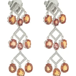 14 Karat White Gold Orange Sapphire and Diamond Three Tier Drop Earrings