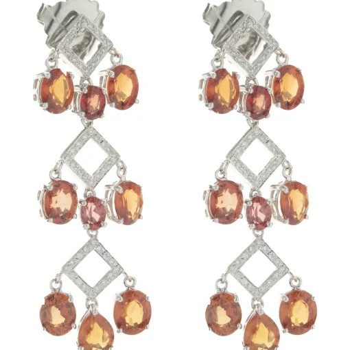 14 Karat White Gold Orange Sapphire and Diamond Three Tier Drop Earrings
