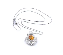 14 Karat White Gold Orange Sapphire and Diamond Necklace