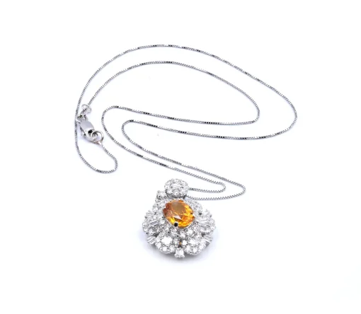 14 Karat White Gold Orange Sapphire and Diamond Necklace