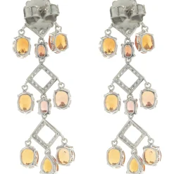 14 Karat White Gold Orange Sapphire and Diamond Three Tier Drop Earrings