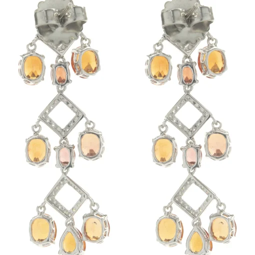 14 Karat White Gold Orange Sapphire and Diamond Three Tier Drop Earrings