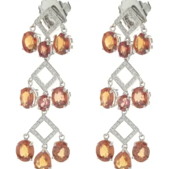 14 Karat White Gold Orange Sapphire and Diamond Three Tier Drop Earrings