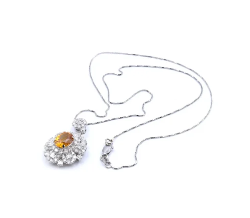 14 Karat White Gold Orange Sapphire and Diamond Necklace