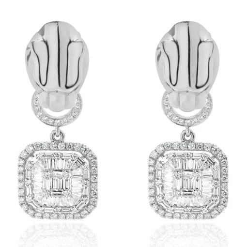 18 Karat White Gold Panther Mosaic Set Diamond Drop Earrings