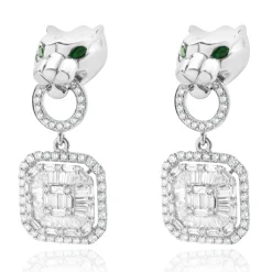 18 Karat White Gold Panther Mosaic Set Diamond Drop Earrings