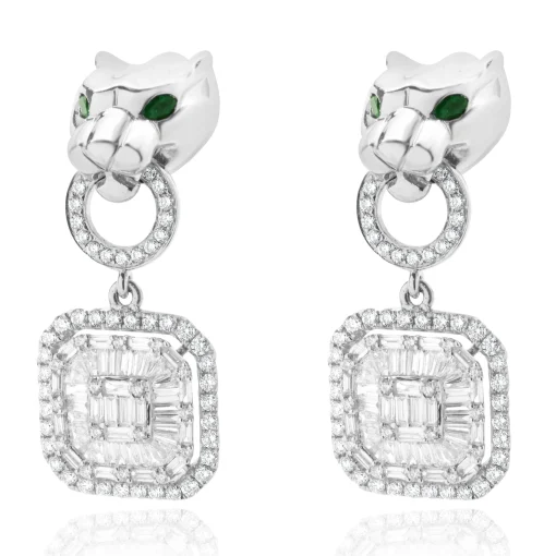 18 Karat White Gold Panther Mosaic Set Diamond Drop Earrings