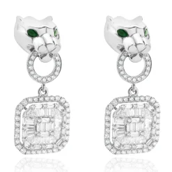 18 Karat White Gold Panther Mosaic Set Diamond Drop Earrings