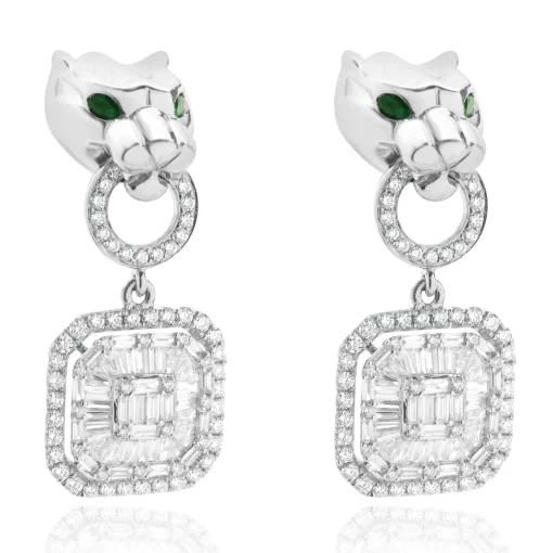 18 Karat White Gold Panther Mosaic Set Diamond Drop Earrings