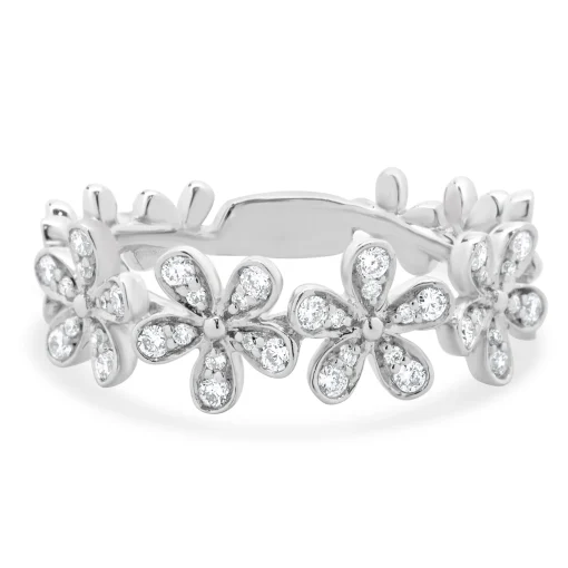 14 Karat White Gold Pave Diamond Flower Station Band