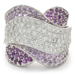 18 Karat White Gold Pave Diamond, Ruby, and Pink Sapphire Wave Ring
