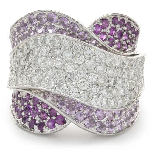 18 Karat White Gold Pave Diamond, Ruby, and Pink Sapphire Wave Ring