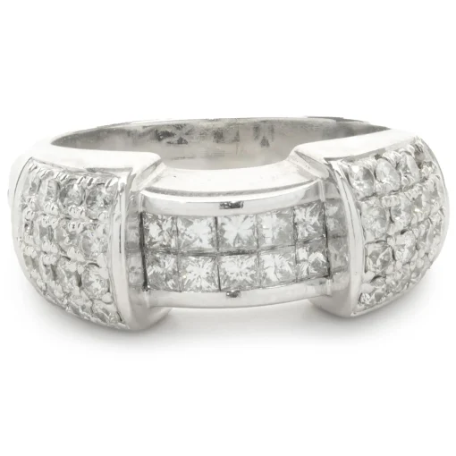 14 Karat White Gold Pave Diamond Ring with Invisible Set Princess Cut Diamond Center