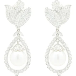 18 Karat White Gold Pave Diamond and South Sea Pearl Drop Earrings