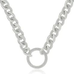 18 Karat White Gold Pave Diamond Cuban Link Necklace with Open Circle Centerpiece