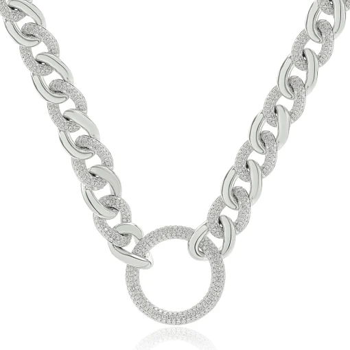 18 Karat White Gold Pave Diamond Cuban Link Necklace with Open Circle Centerpiece