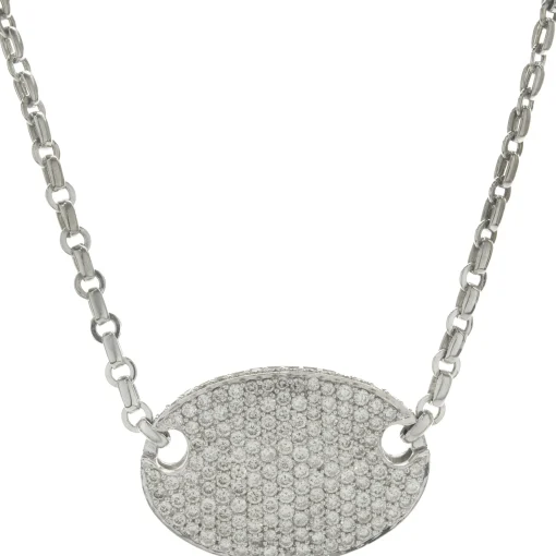 18 Karat White Gold Pave Diamond Oval Disc Necklace