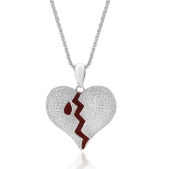 10/14 Karat White Gold Pave Diamond and Enamel Broke Heart Necklace