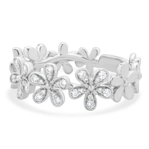 14 Karat White Gold Pave Diamond Flower Station Band