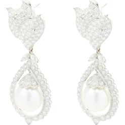 18 Karat White Gold Pave Diamond and South Sea Pearl Drop Earrings