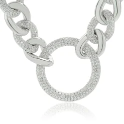 18 Karat White Gold Pave Diamond Cuban Link Necklace with Open Circle Centerpiece