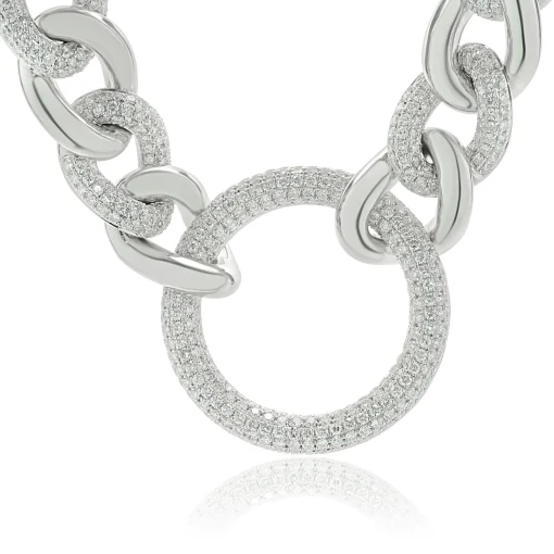 18 Karat White Gold Pave Diamond Cuban Link Necklace with Open Circle Centerpiece