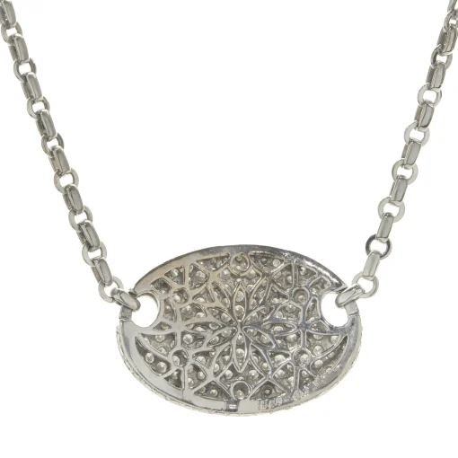 18 Karat White Gold Pave Diamond Oval Disc Necklace