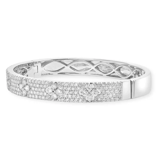 18 Karat White Gold Pave Diamond Bangle Bracelet with Floral Cut Out Stations