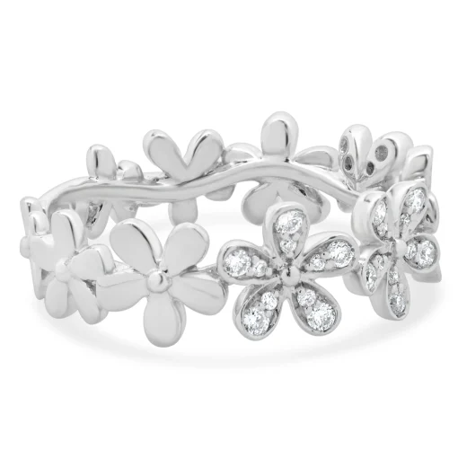 14 Karat White Gold Pave Diamond Flower Station Band