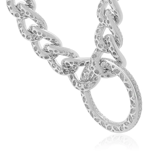 18 Karat White Gold Pave Diamond Cuban Link Necklace with Open Circle Centerpiece