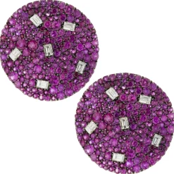 18 Karat White Gold Pave Ruby and Diamond Disc Earrings