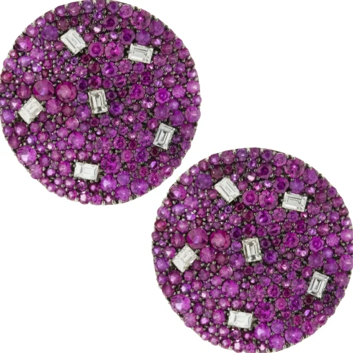 18 Karat White Gold Pave Ruby and Diamond Disc Earrings