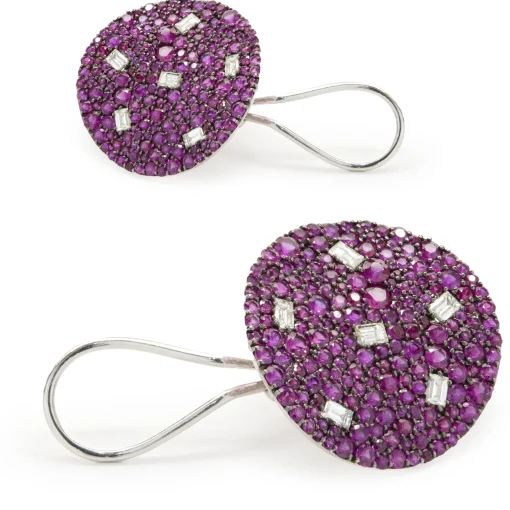 18 Karat White Gold Pave Ruby and Diamond Disc Earrings