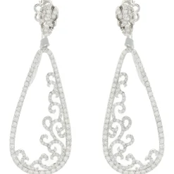 14 Karat White Gold Pear Shape Open Diamond Scroll Drop Earrings