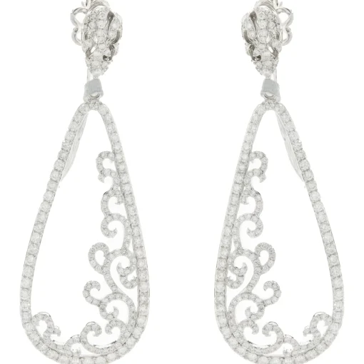 14 Karat White Gold Pear Shape Open Diamond Scroll Drop Earrings