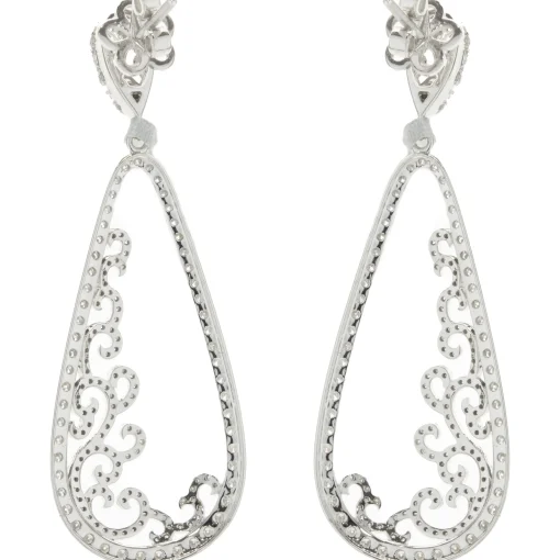 14 Karat White Gold Pear Shape Open Diamond Scroll Drop Earrings