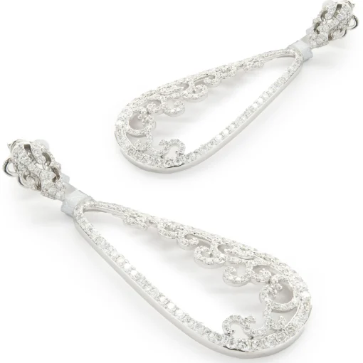 14 Karat White Gold Pear Shape Open Diamond Scroll Drop Earrings