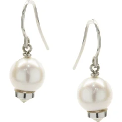 14 Karat White Gold Pearl and Diamond Capped Drop Earrings