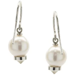 14 Karat White Gold Pearl and Diamond Capped Drop Earrings