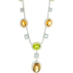 18 Karat White Gold Peridot, Citrine, Blue Topaz, and Diamond Drop Necklace