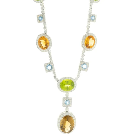 18 Karat White Gold Peridot, Citrine, Blue Topaz, and Diamond Drop Necklace