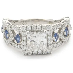 14 Karat White Gold Princess Cut Diamond and Sapphire Engagement Ring