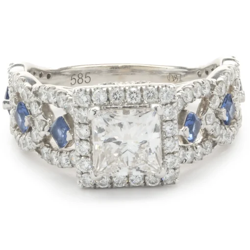 14 Karat White Gold Princess Cut Diamond and Sapphire Engagement Ring