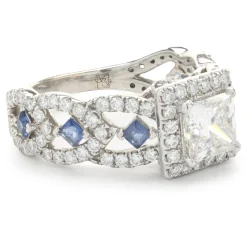 14 Karat White Gold Princess Cut Diamond and Sapphire Engagement Ring