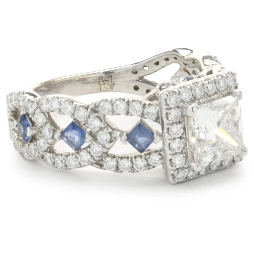 14 Karat White Gold Princess Cut Diamond and Sapphire Engagement Ring