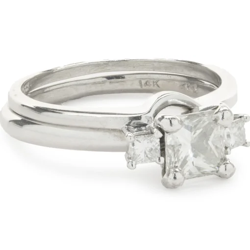 14 Karat White Gold Princess Cut Diamond Engagement Ring with Princess Cut Diamond Wrap Band