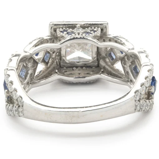 14 Karat White Gold Princess Cut Diamond and Sapphire Engagement Ring