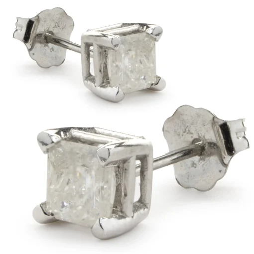 14 Karat White Gold Princess Cut Diamond Stud Earrings